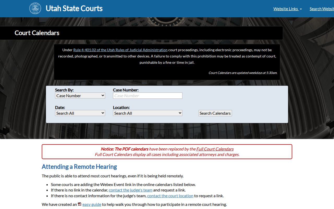 Utah Courts public District and Justice Court calendar for Grand County settings