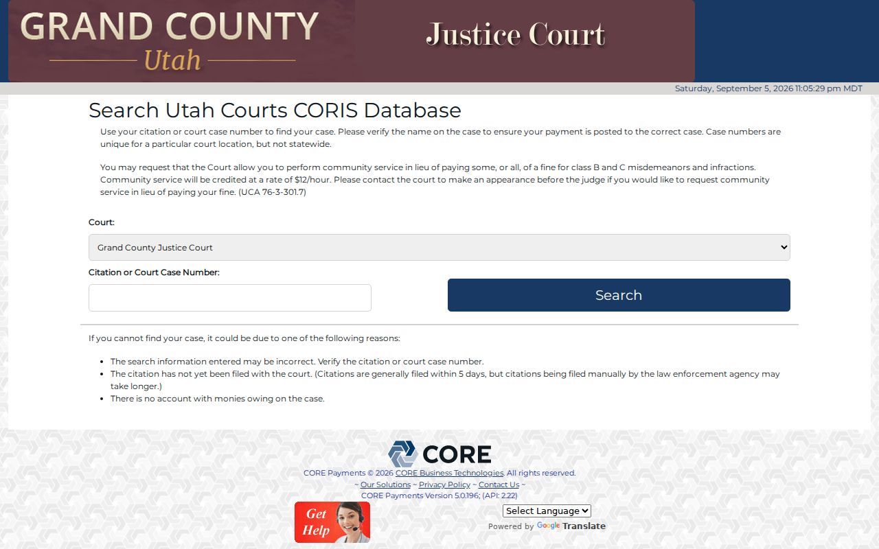 Grand County Justice Court vendor case and citation search endpoint