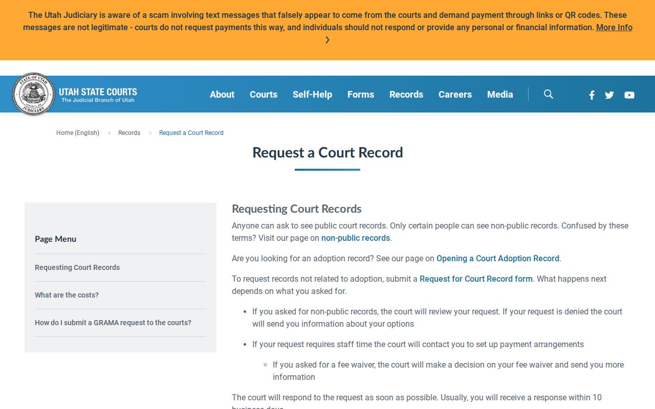 Grand County court case record request instructions from Utah Courts