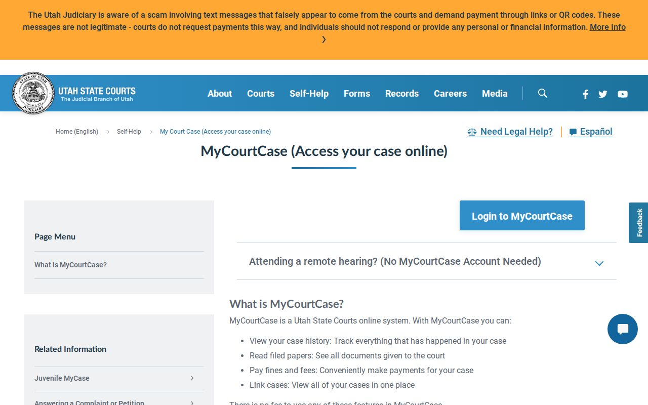 Utah Courts MyCourtCase party access and remote hearing information