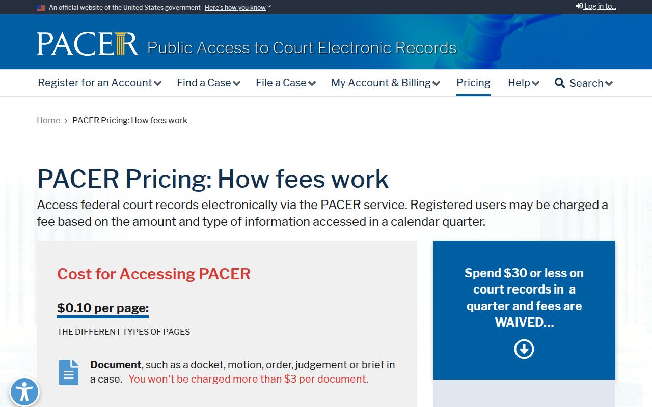 Grand County federal court docket PACER fee and document cap information