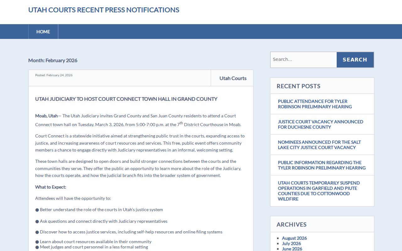 Grand County court docket access announcement for Court Connect in Moab