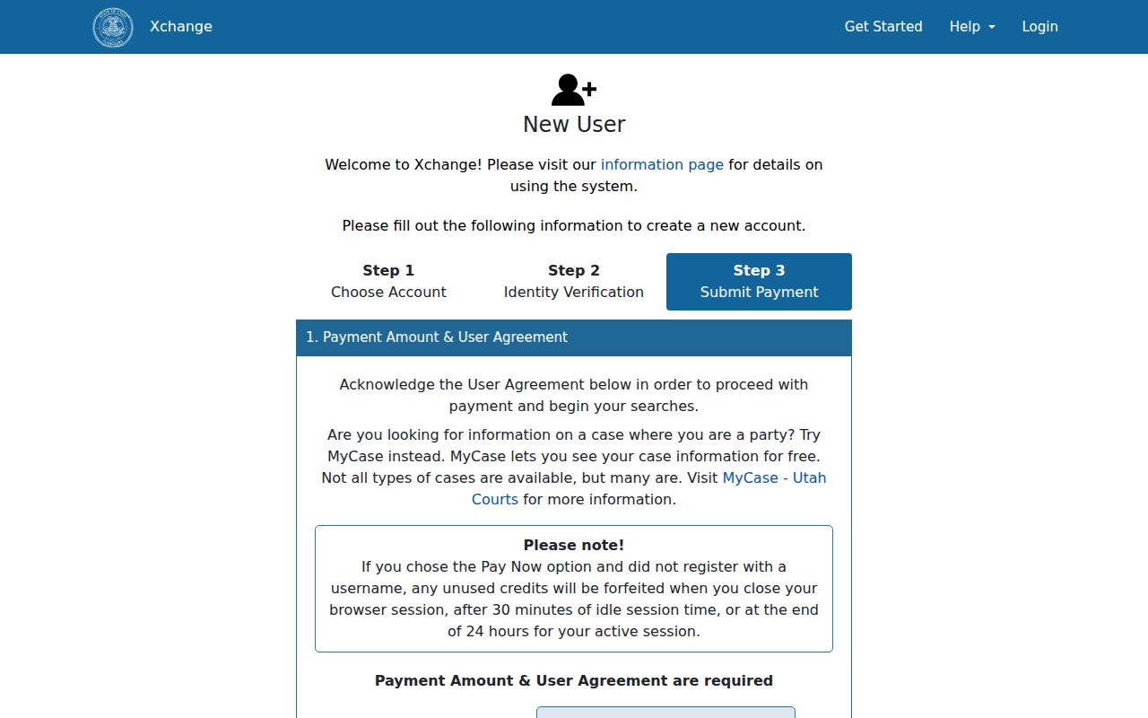 Xchange one-time guest registration options for a Grand County docket search