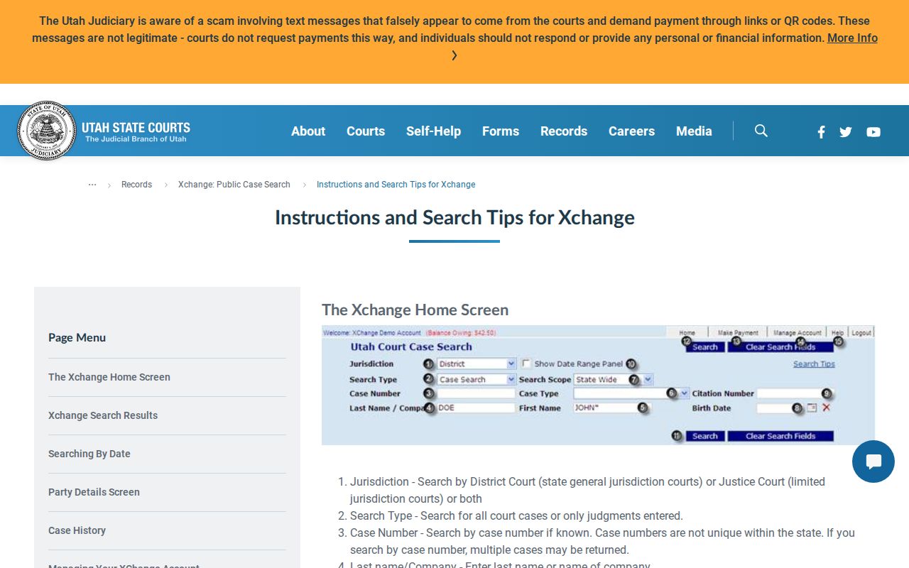 Grand County civil court docket search controls and case-history fields