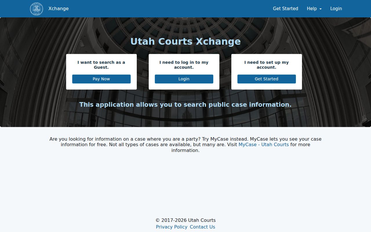 Utah Courts Xchange landing screen for Grand County docket searches
